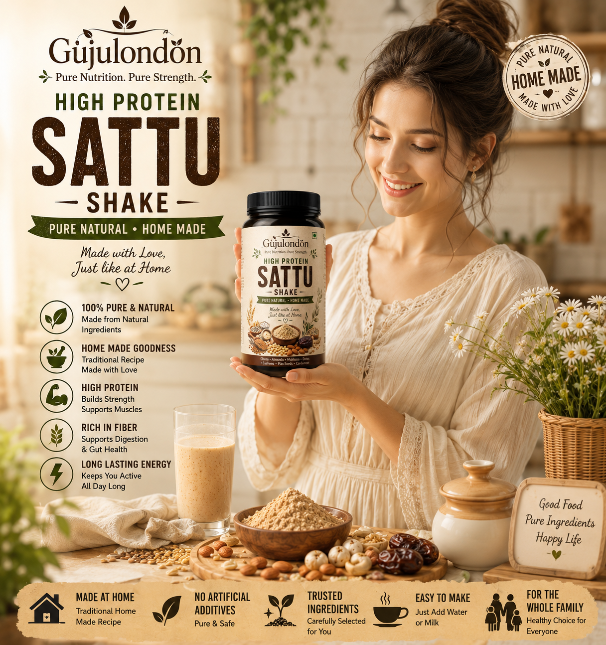 Gujulondön High Protein Sattu Shake 250gm. Natural homemade energy blend powder rich in fiber with no added sugar. Buy 1 Get 1 Free