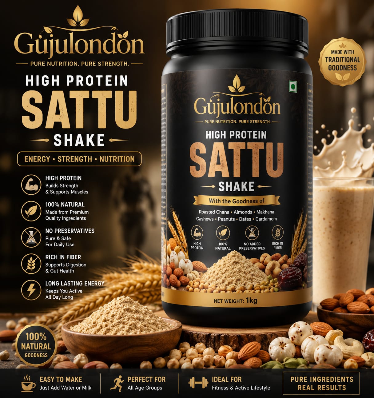 High Protein Sattu Shake | Plant Protein | Powder base  Fitness 1kg | Pure Natural Homemade Nutrition | Plant Protein 1kg