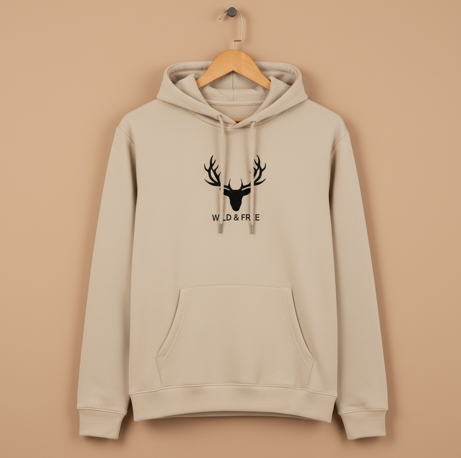 Wild & Free Deer Antler Hoodie | Premium Cream Nature Aesthetic Sweatshirt | Gujulondon